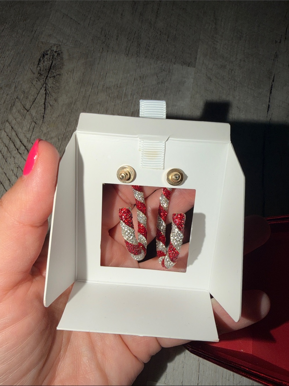 Piper·K Red and Silver Twisted Candy Cane Hoop Earrings - Picture 5 of 6